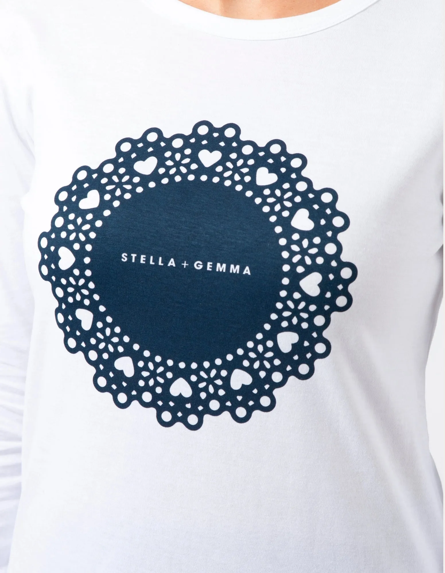 Long Sleeve Tee - White with Navy Doily - Stella   Gemma