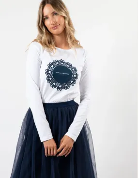 Long Sleeve Tee - White with Navy Doily - Stella   Gemma