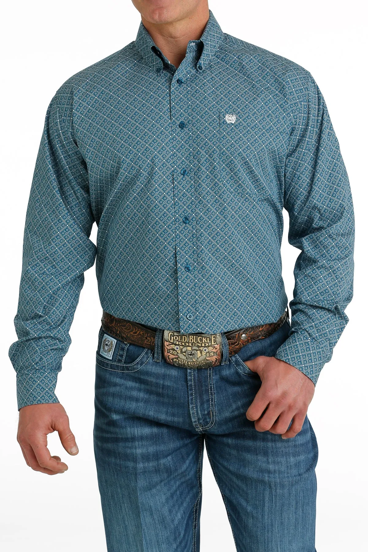 Men's Cinch Blue Long Sleeve Print Shirt - MTW1105658