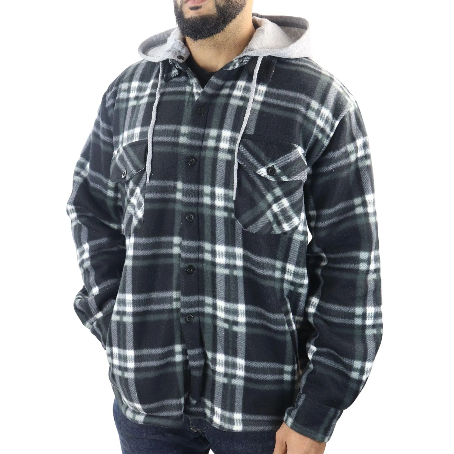 Men's Jumper Thermal Fleece Fur Lined Lumberjack Removable Hooded Buttoned Check Winter Shirt