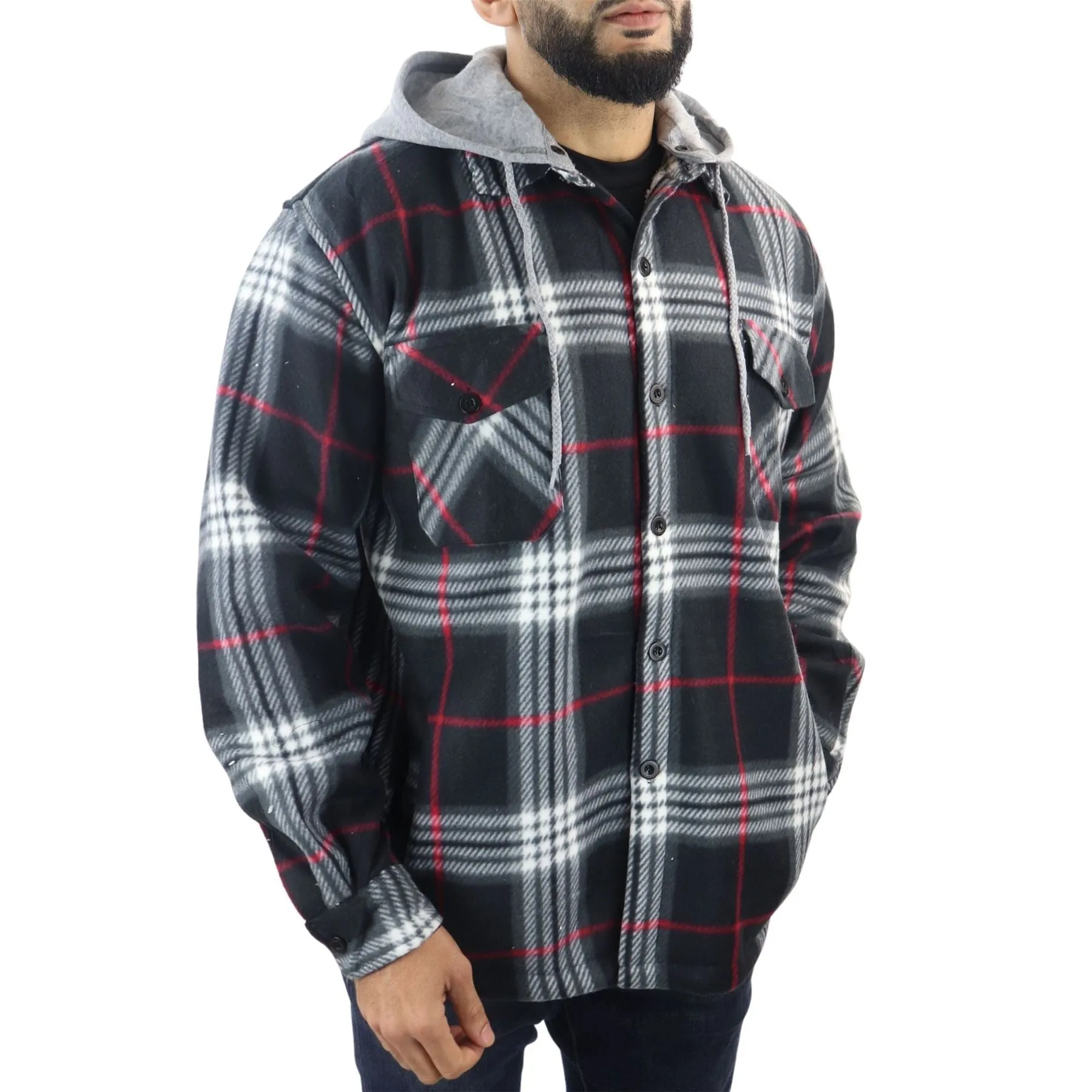 Men's Jumper Thermal Fleece Fur Lined Lumberjack Removable Hooded Buttoned Check Winter Shirt