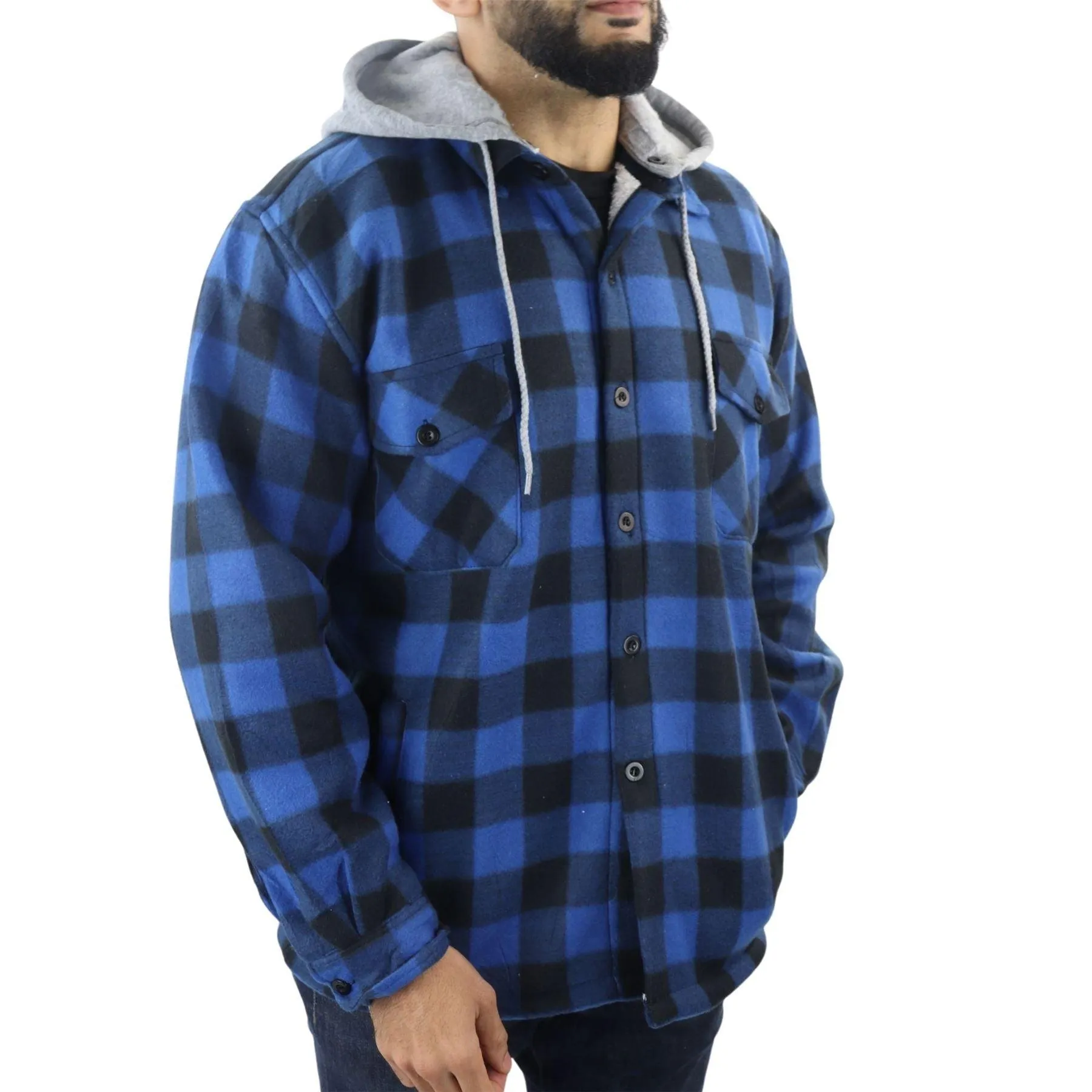 Men's Jumper Thermal Fleece Fur Lined Lumberjack Removable Hooded Buttoned Check Winter Shirt