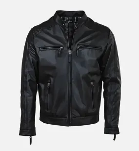 Men’s Quilted Shoulder Black Cafe Racer Leather Jacket