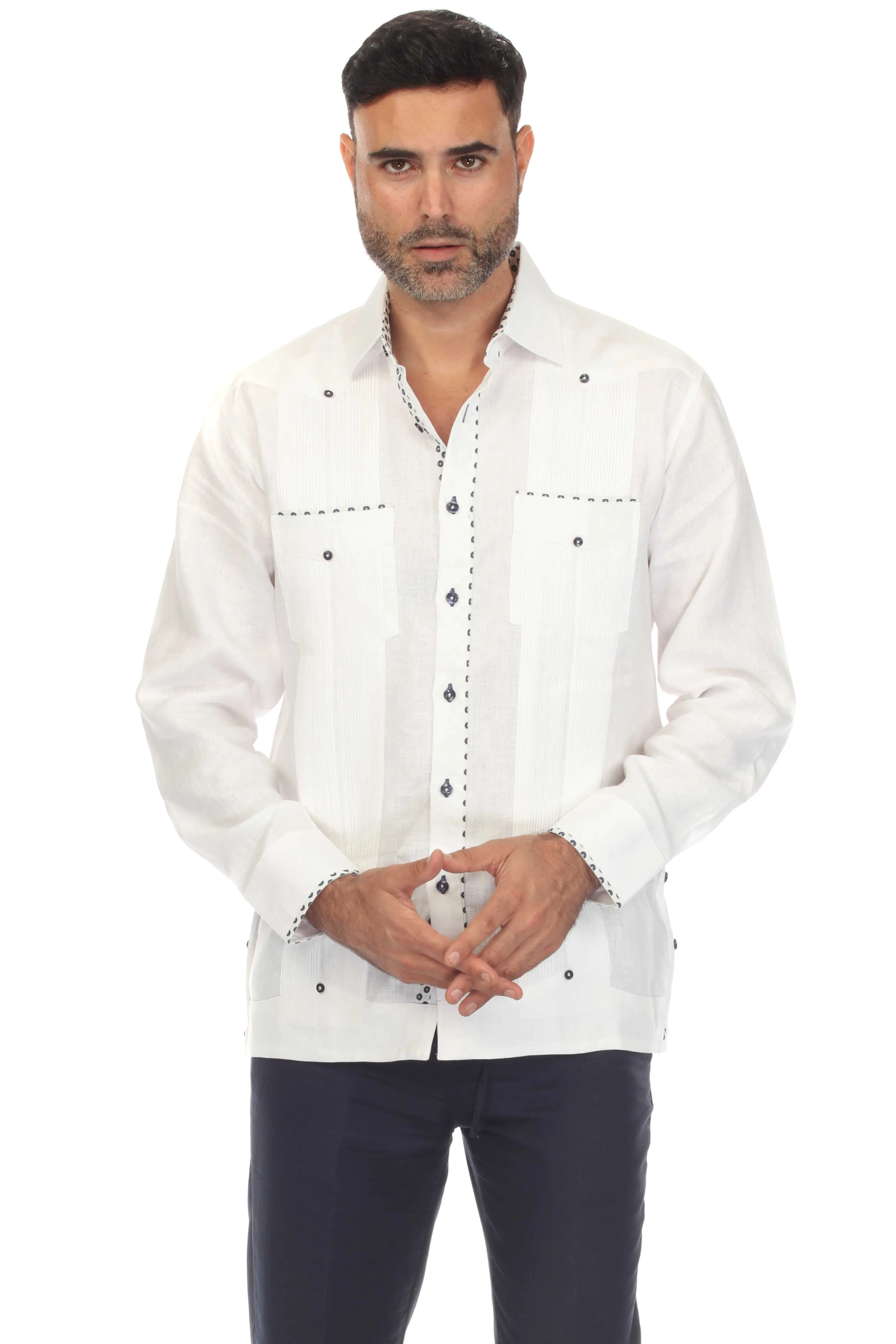 Mojito Men's 100% Linen Guayabera Chacabana Shirt Long Sleeve with Print Trim Accent