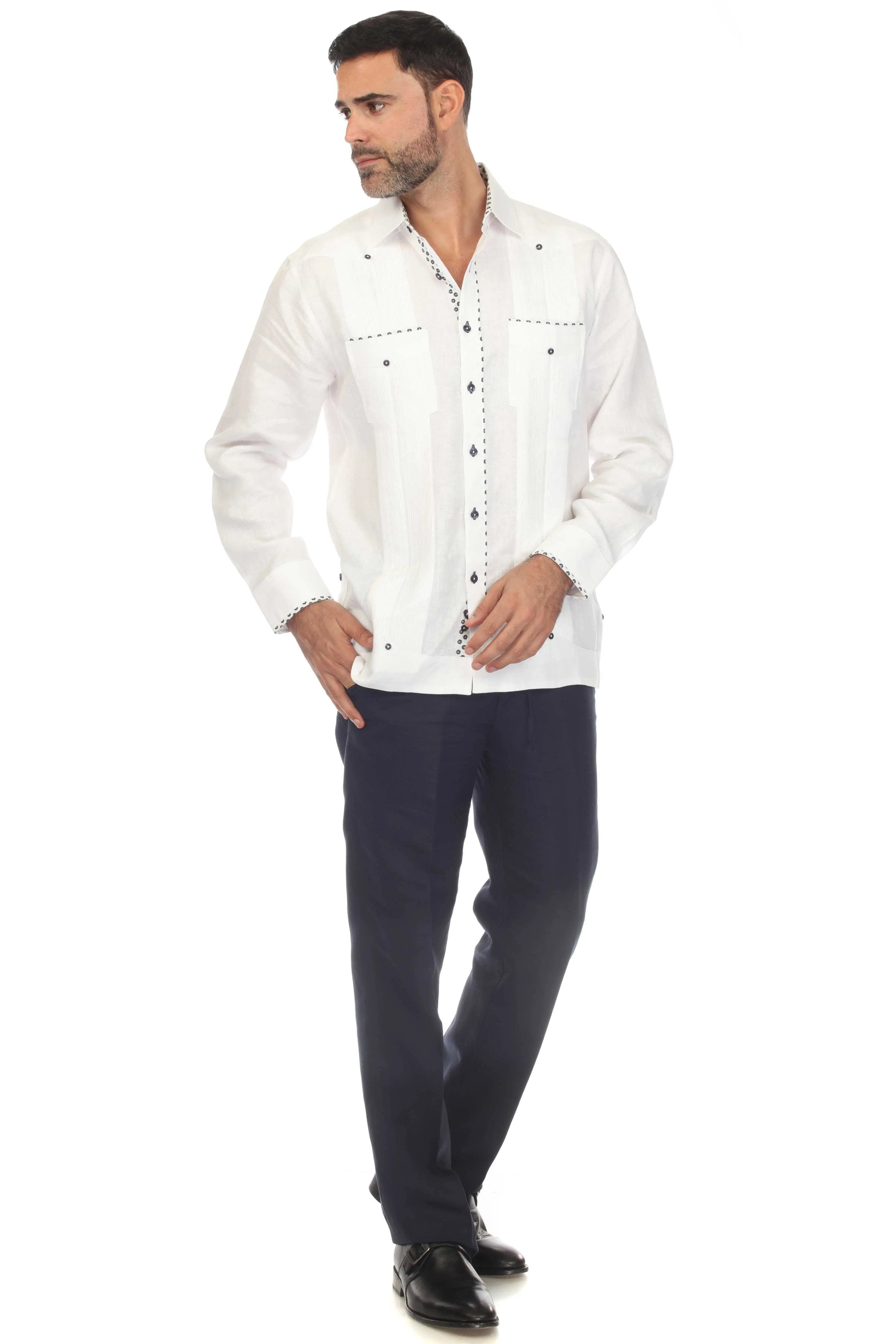 Mojito Men's 100% Linen Guayabera Chacabana Shirt Long Sleeve with Print Trim Accent