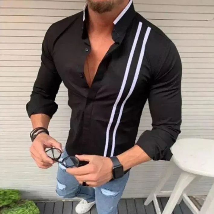 New Men's Designer Black Striped Pattern Cotton Button-Up Shirt For Men