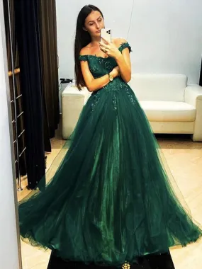 Off Shoulder Dark Green Lace Long Prom, Dark Green Lace Formal Graduation Evening