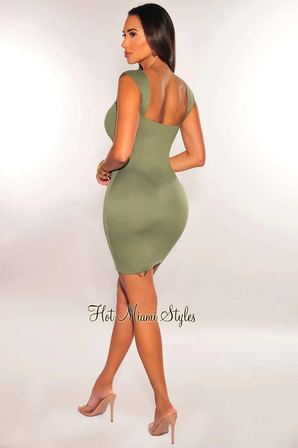 Olive Cap Sleeve Sweetheart Mini Dress