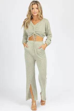 OLIVE TIE CROP   FRONT SLIT PANT SET