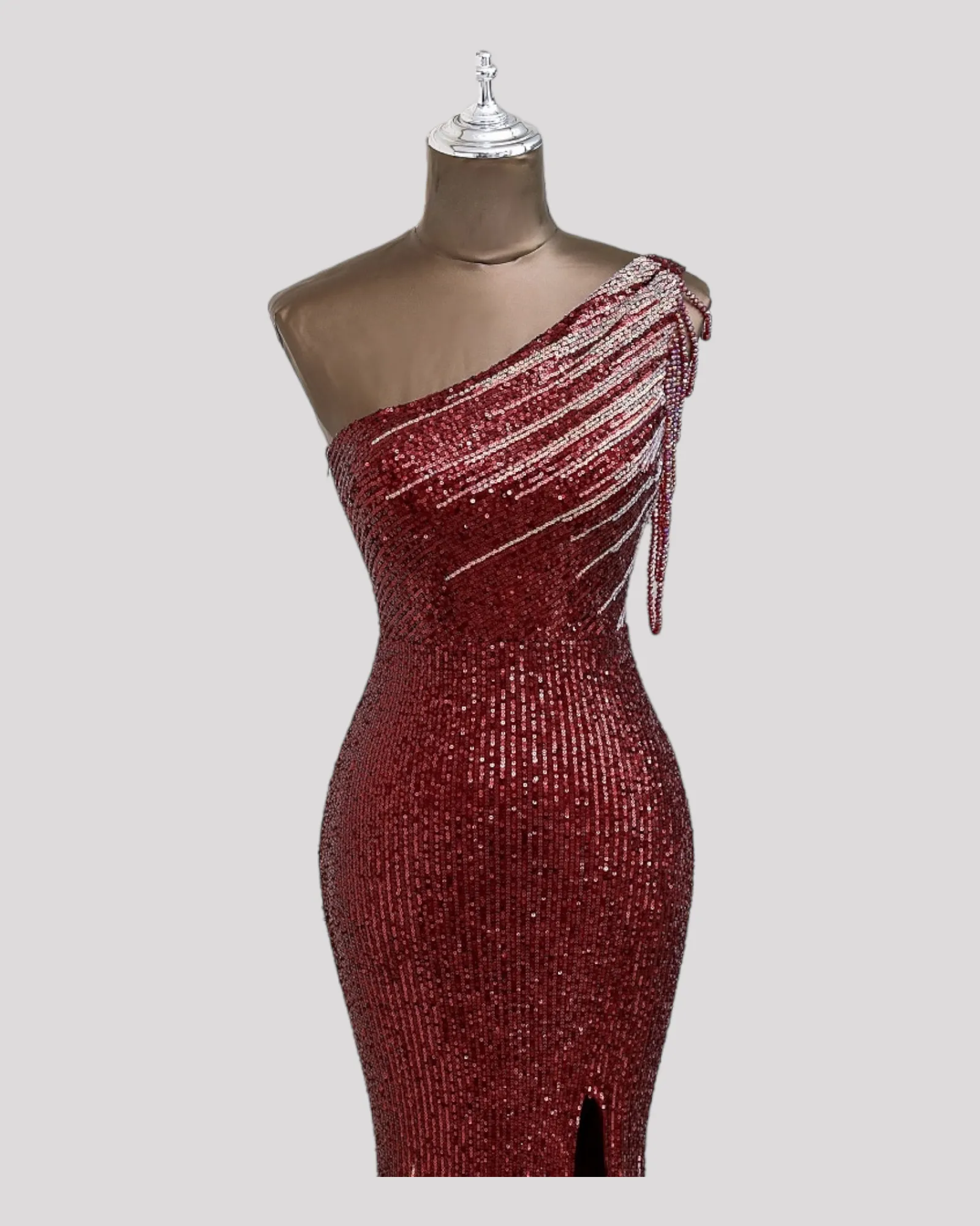 One Shoulder Evening Dress in a 2 Tone Sequin Fabric with Shoulder Beading Draping, Available in 6 colours