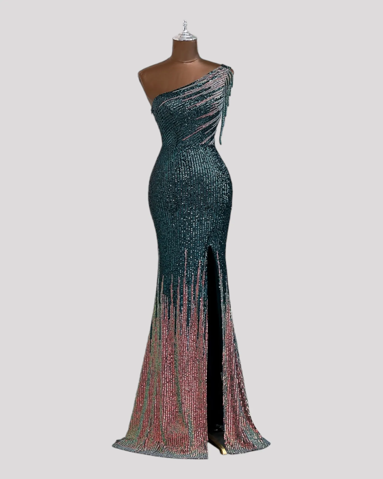 One Shoulder Evening Dress in a 2 Tone Sequin Fabric with Shoulder Beading Draping, Available in 6 colours