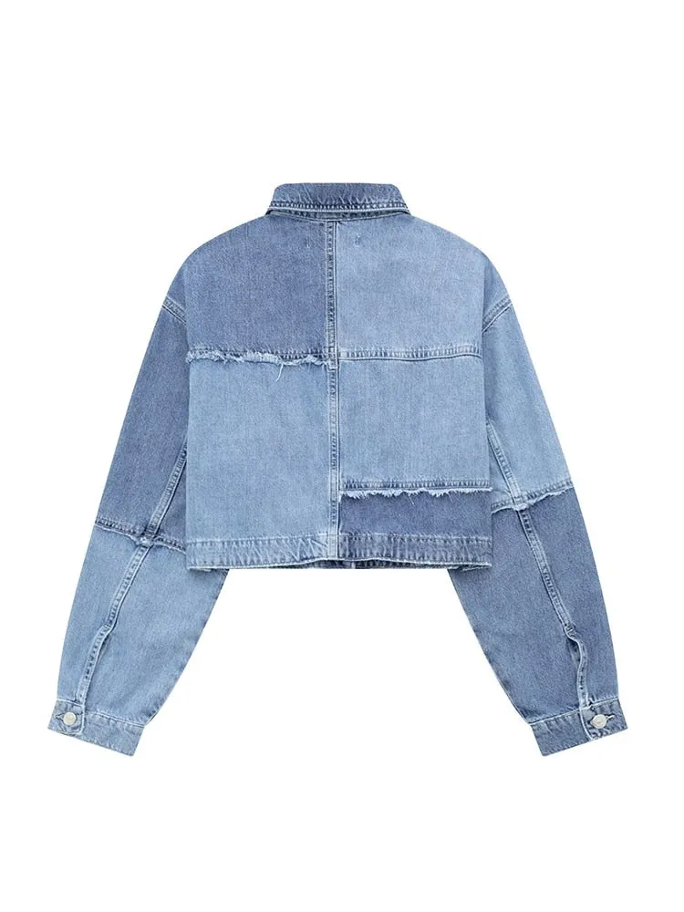 Patchwork Button Denim Coats For Women Lapel Long Sleeve Hit Color Spliced Pockets Jackets Female Fashion Clothing