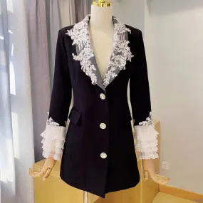 Patchwork Lace Blazers For Women Notched Collar Long Sleeve Loose Spliced Button Casual Blazer Female Fashion