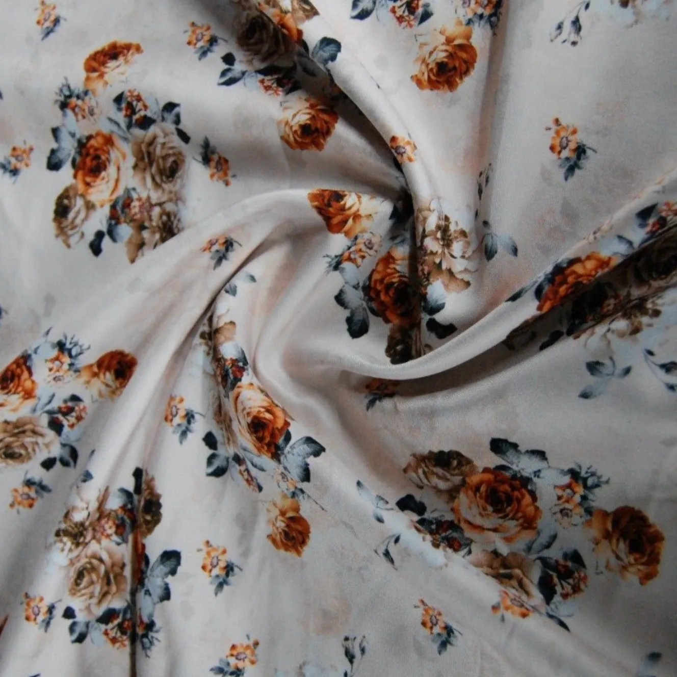 Peach Floral Print Semi Satin Twill Fabric