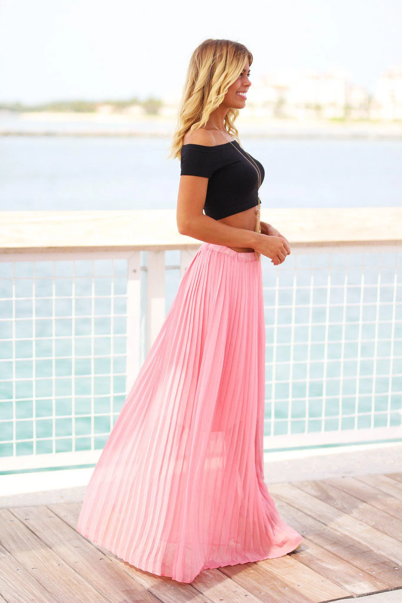 Peach Pleated Maxi Skirt