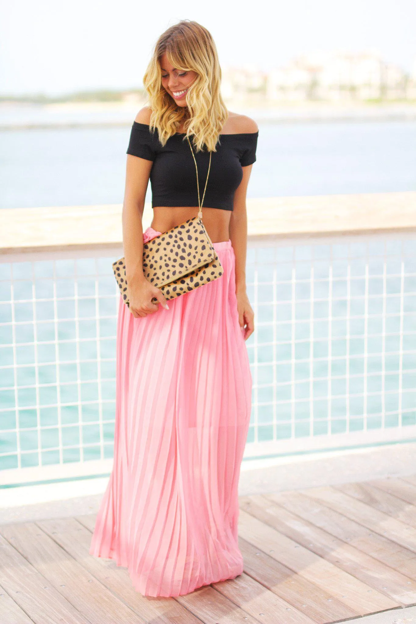 Peach Pleated Maxi Skirt