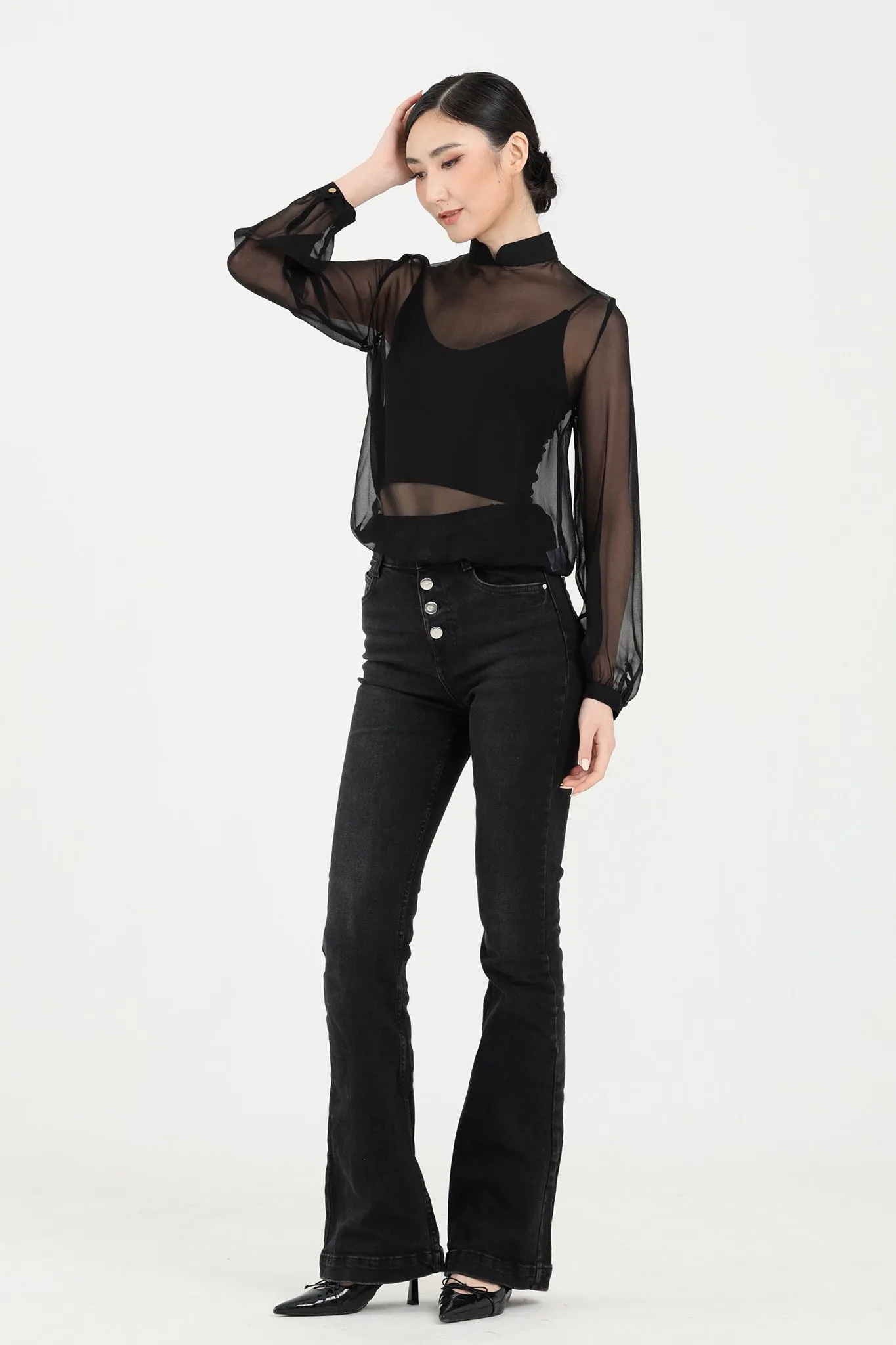 PIA Silk Sheer Chiffon Blouse (Black)