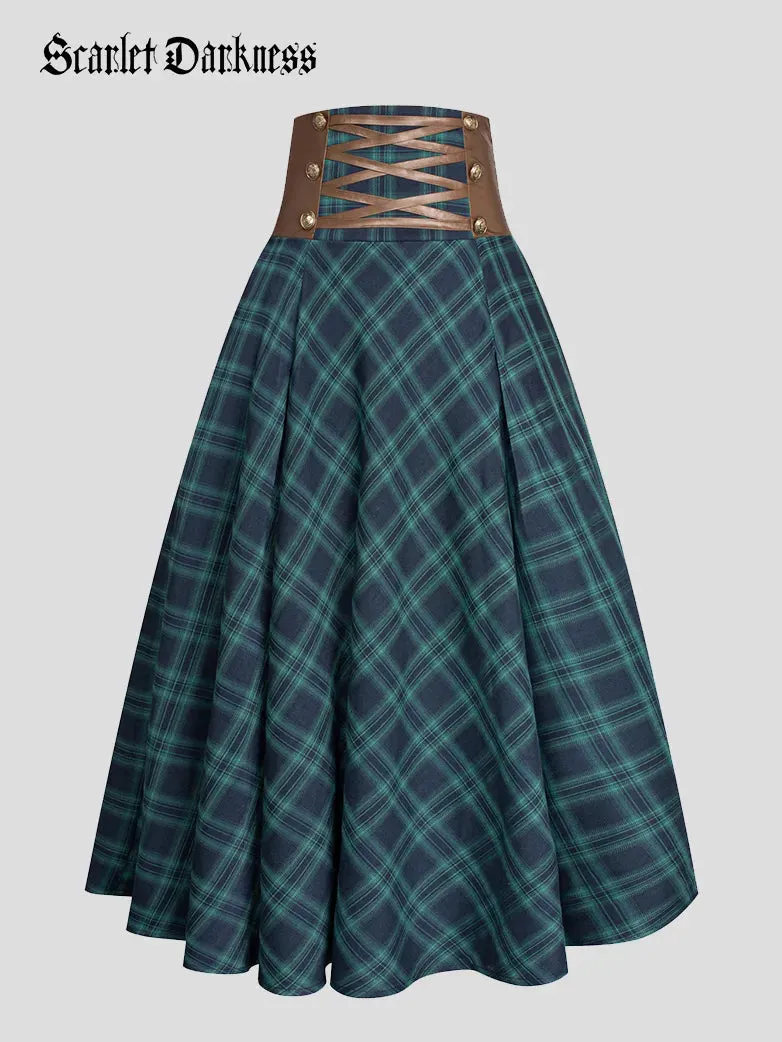 Plaided High Waist Buttons Decorated A-Line Skirt