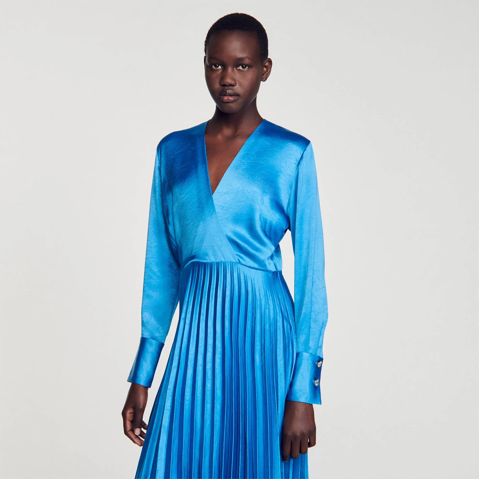 Pleated Satin-Effect Maxi Dress