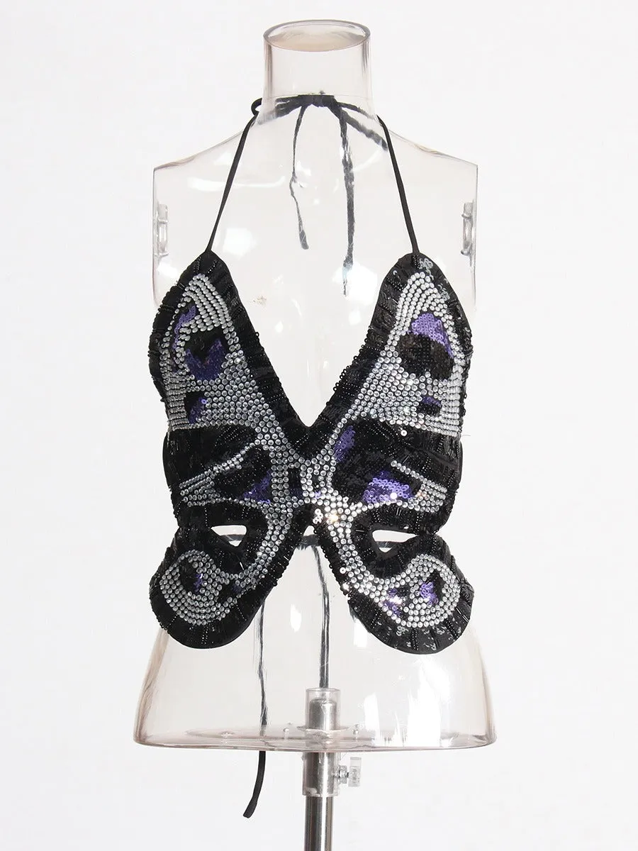 Pre Order:  Crystal Sequin Butterfly Pattern Halter Camisole