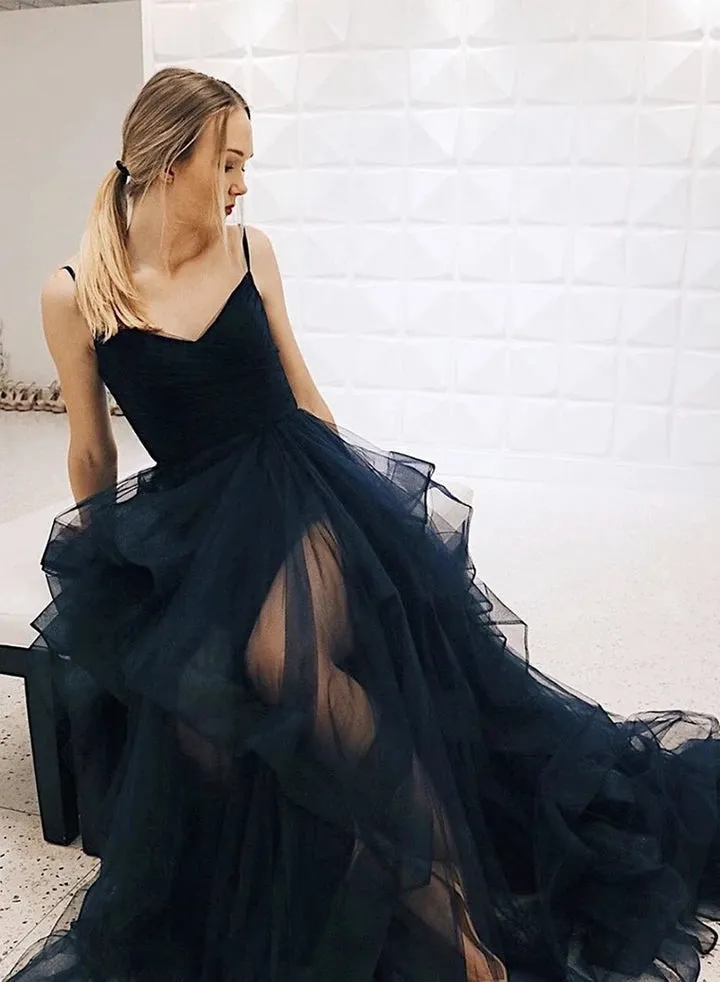 Princess V Neck Dark Navy Blue Tulle Long Prom, V Neck Dark Navy Blue Formal, Navy Blue Evening