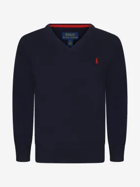 Ralph Lauren Boys Navy Fine Cotton V Neck Sweater