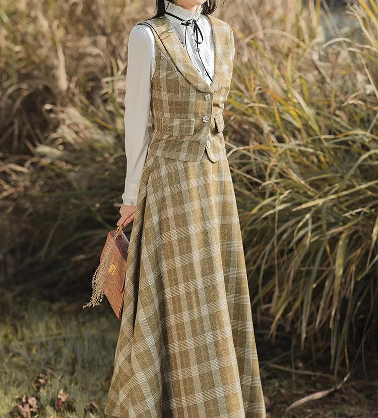 Retro Academia Plaid Blouse Vest Skirt Set