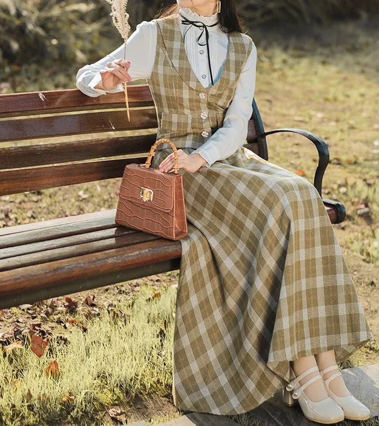 Retro Academia Plaid Blouse Vest Skirt Set