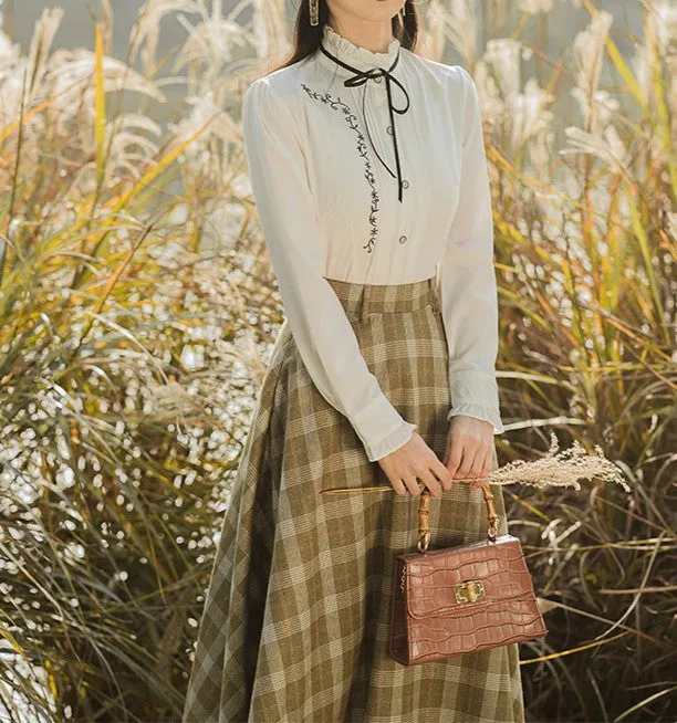 Retro Academia Plaid Blouse Vest Skirt Set