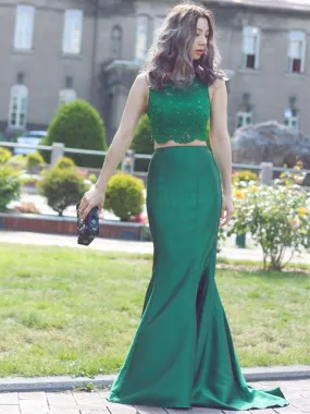 Round Neck Two Pieces Mermaid Beaded Lace Green Prom, Mermaid Lace Green Formal, Green Evening