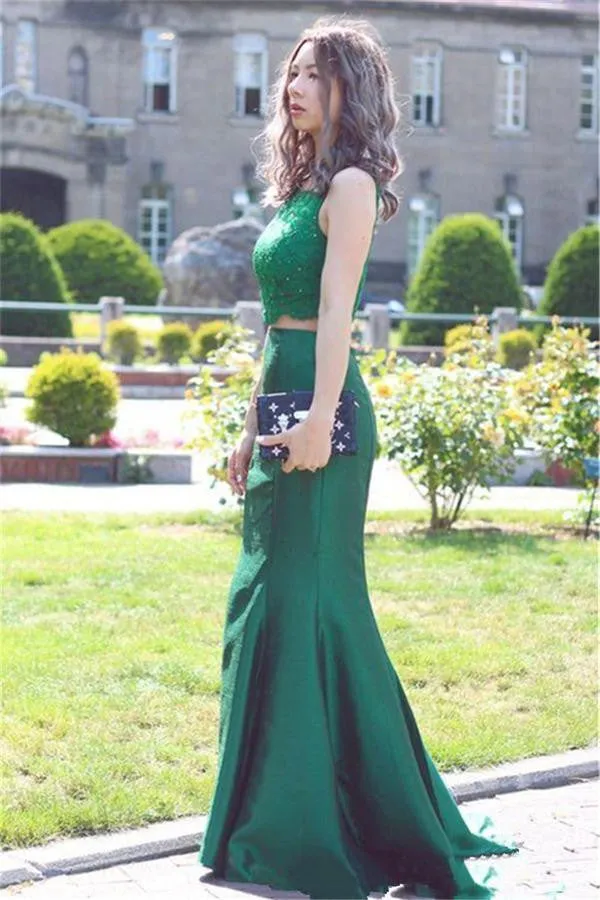 Round Neck Two Pieces Mermaid Beaded Lace Green Prom, Mermaid Lace Green Formal, Green Evening