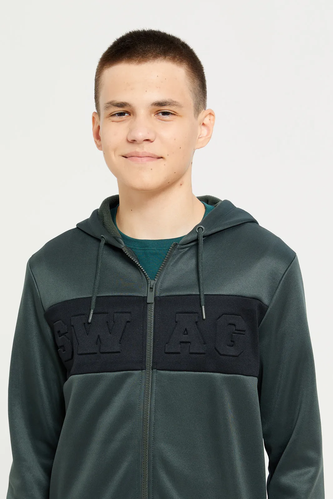 Senior Boys Olive Ziptrhu Hoody Sweatshirt