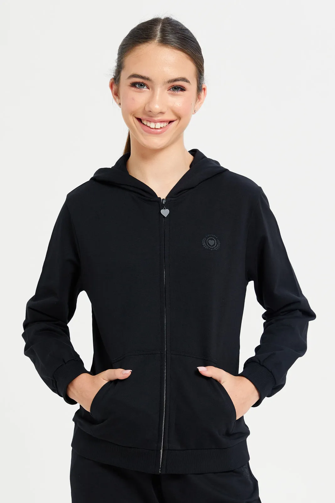 Senior Girls Black Zip Thru Hooded Sweatshirt