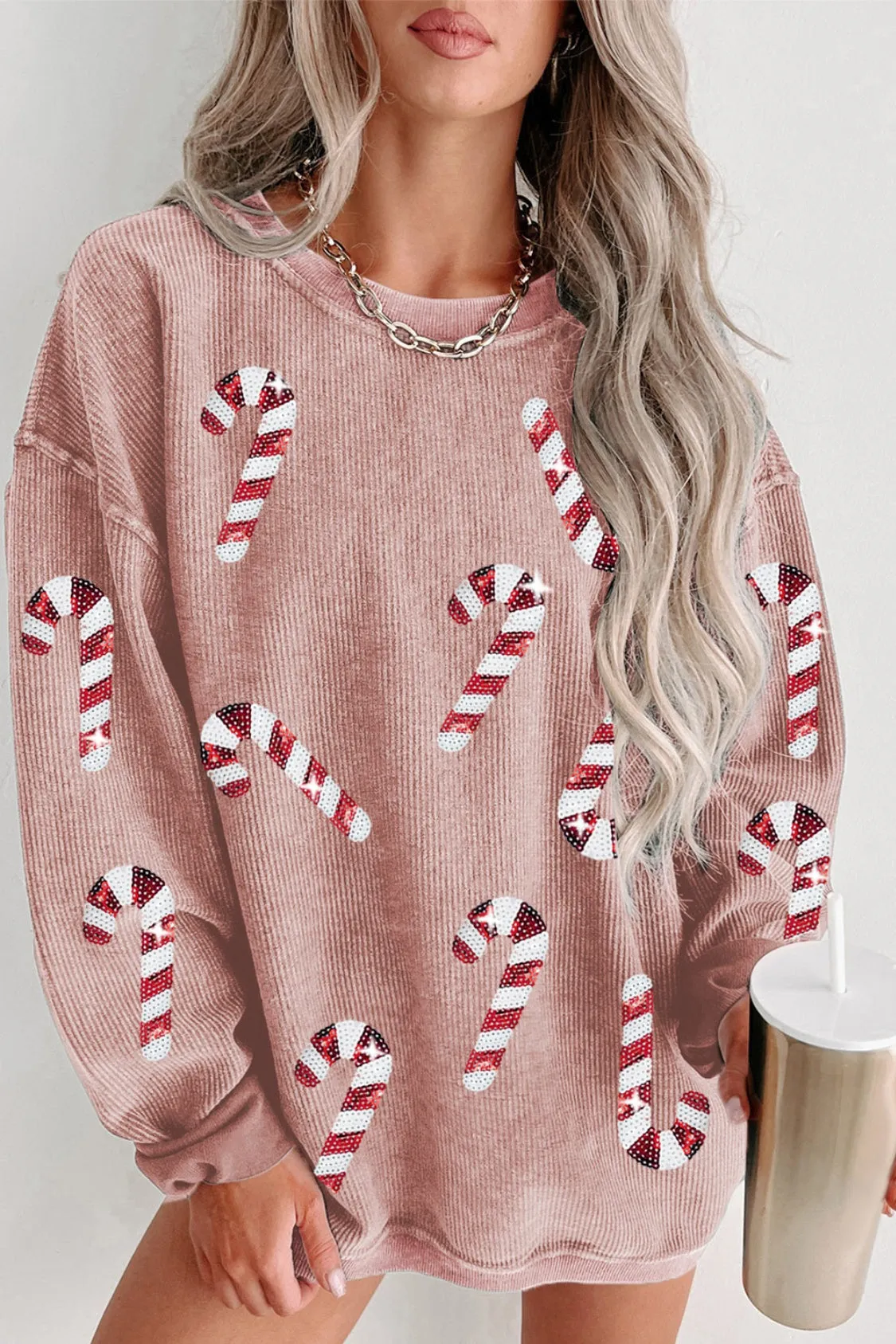 Sequin Candy Cane Round Neck Sweatshirt