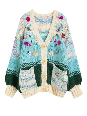 Sequins Flowers Loose Hand Knitted Women Cardigan 2023 Autumn/Winter New in V-neck Colour Stripe Jumper Top with Pocket  C-264