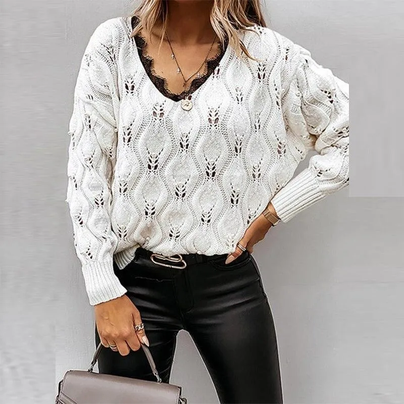 Sexy V Neck Lace Patchwork Knitted Sweater