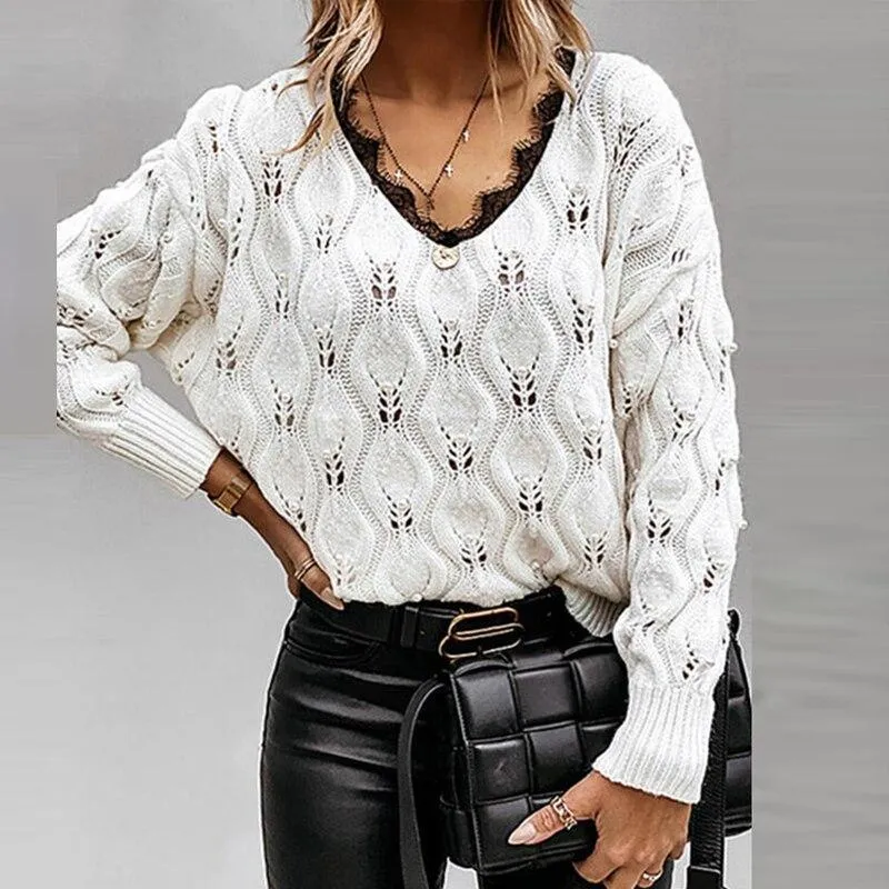 Sexy V Neck Lace Patchwork Knitted Sweater