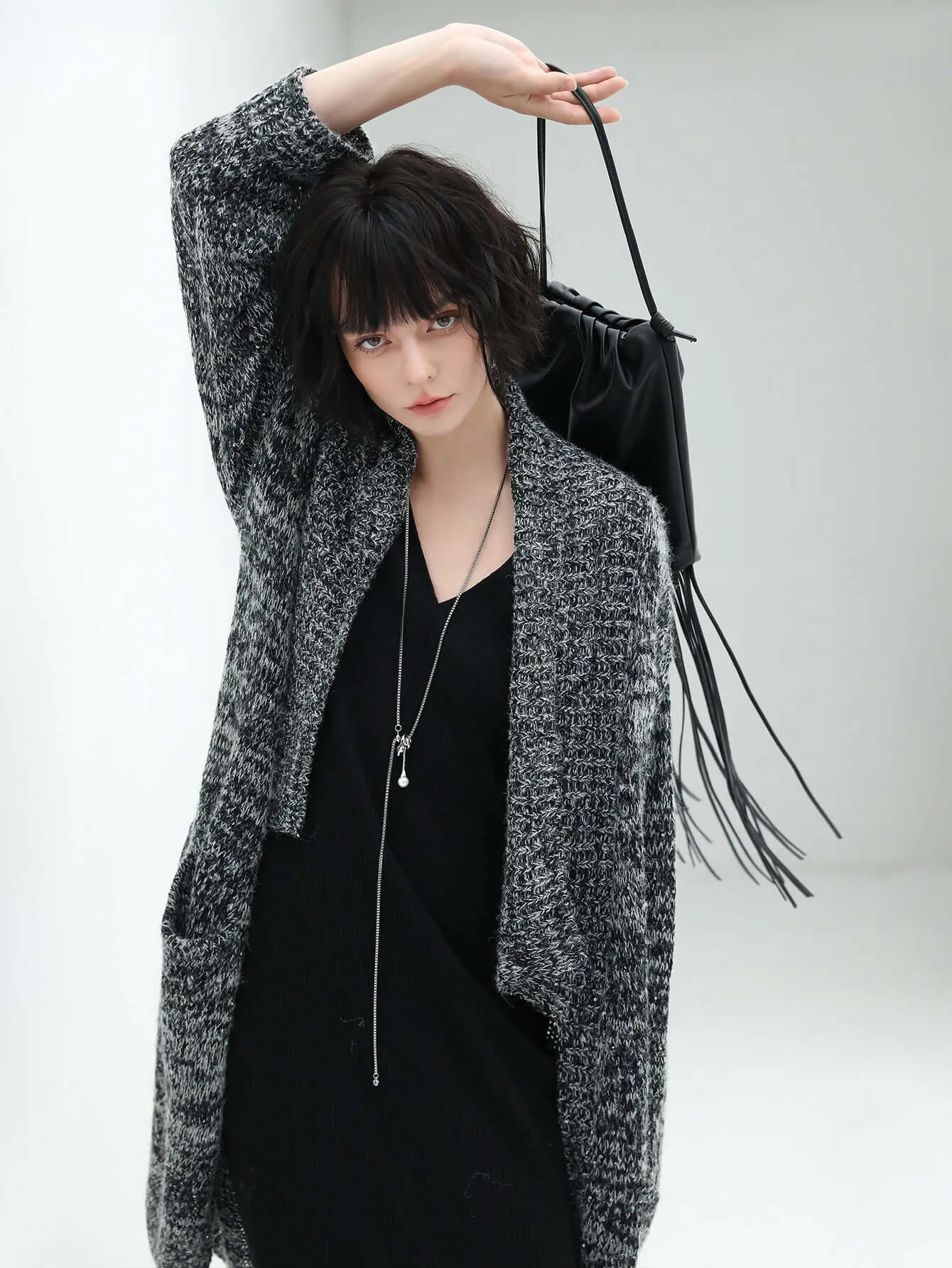 Shawl Collar Long Knitted Cardigan in Charcoal