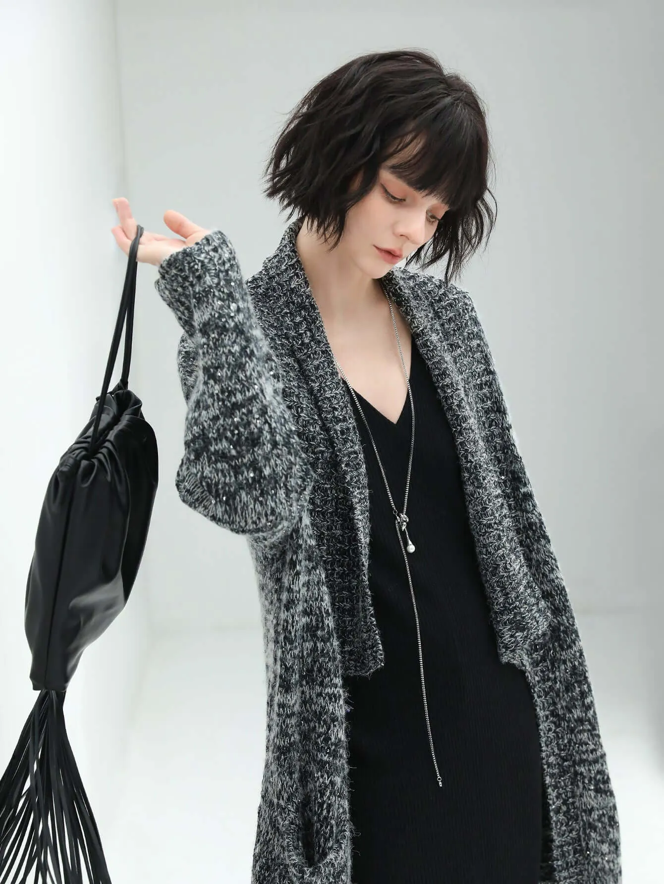 Shawl Collar Long Knitted Cardigan in Charcoal