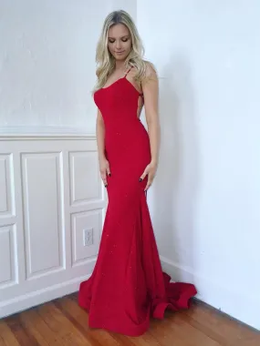 Shiny Red Mermaid Backless Long Prom Dresses, Mermaid Backless Red Formal Graduation Evening Dresses