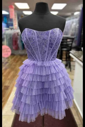 Shiny Strapless Layered Lilac Lace Short Prom Dress, Lilac Lace Homecoming Dress, Short Lilac Formal Evening Dress A2181