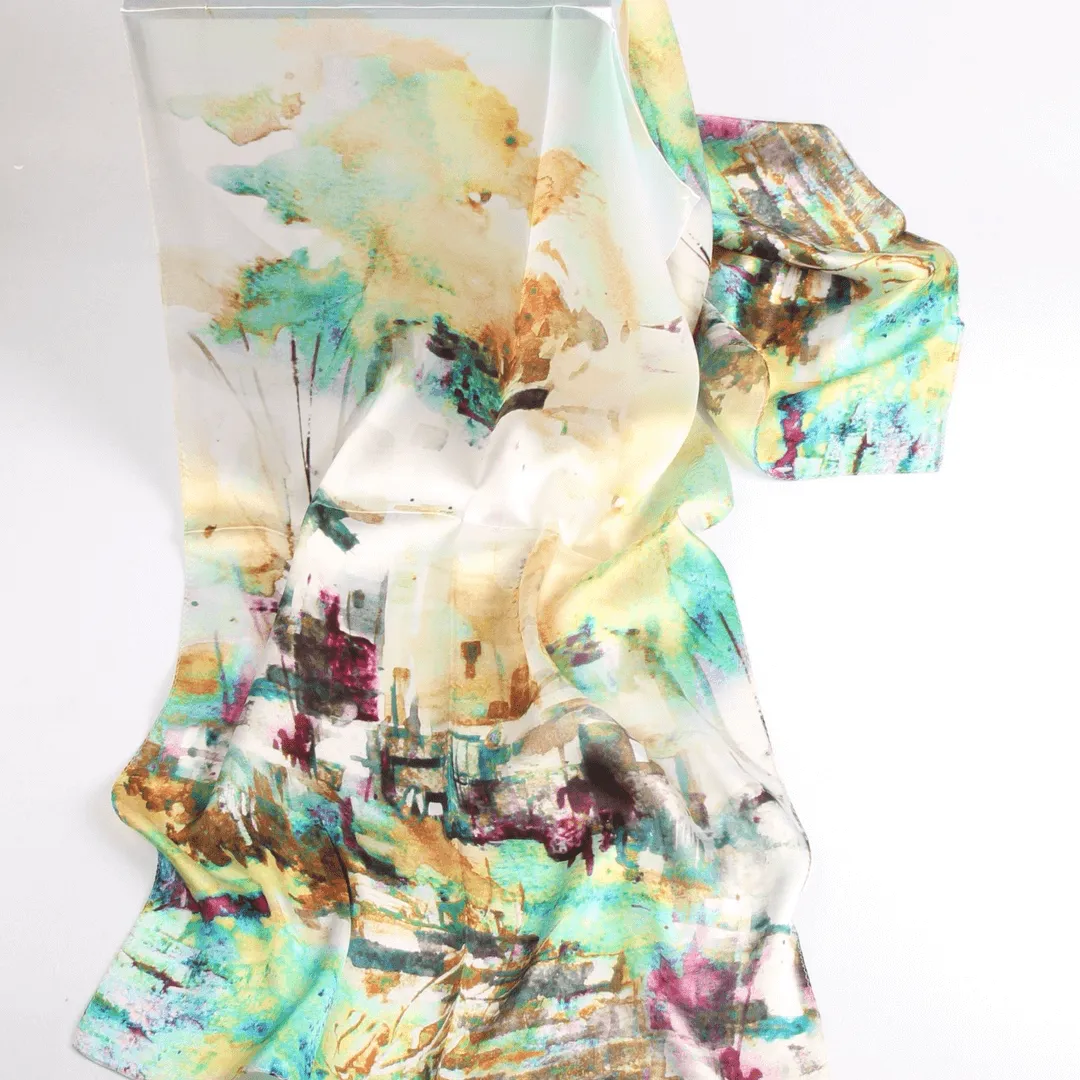 Silk Scarf Collections|Blossom Range|Impressionism Design|Beige|Long Silk Scarf