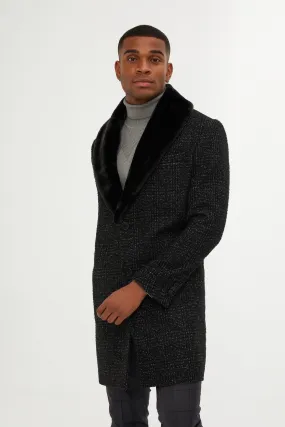 Slim Fit Cachet Shawl Collar Black Wool Blend Overcoat