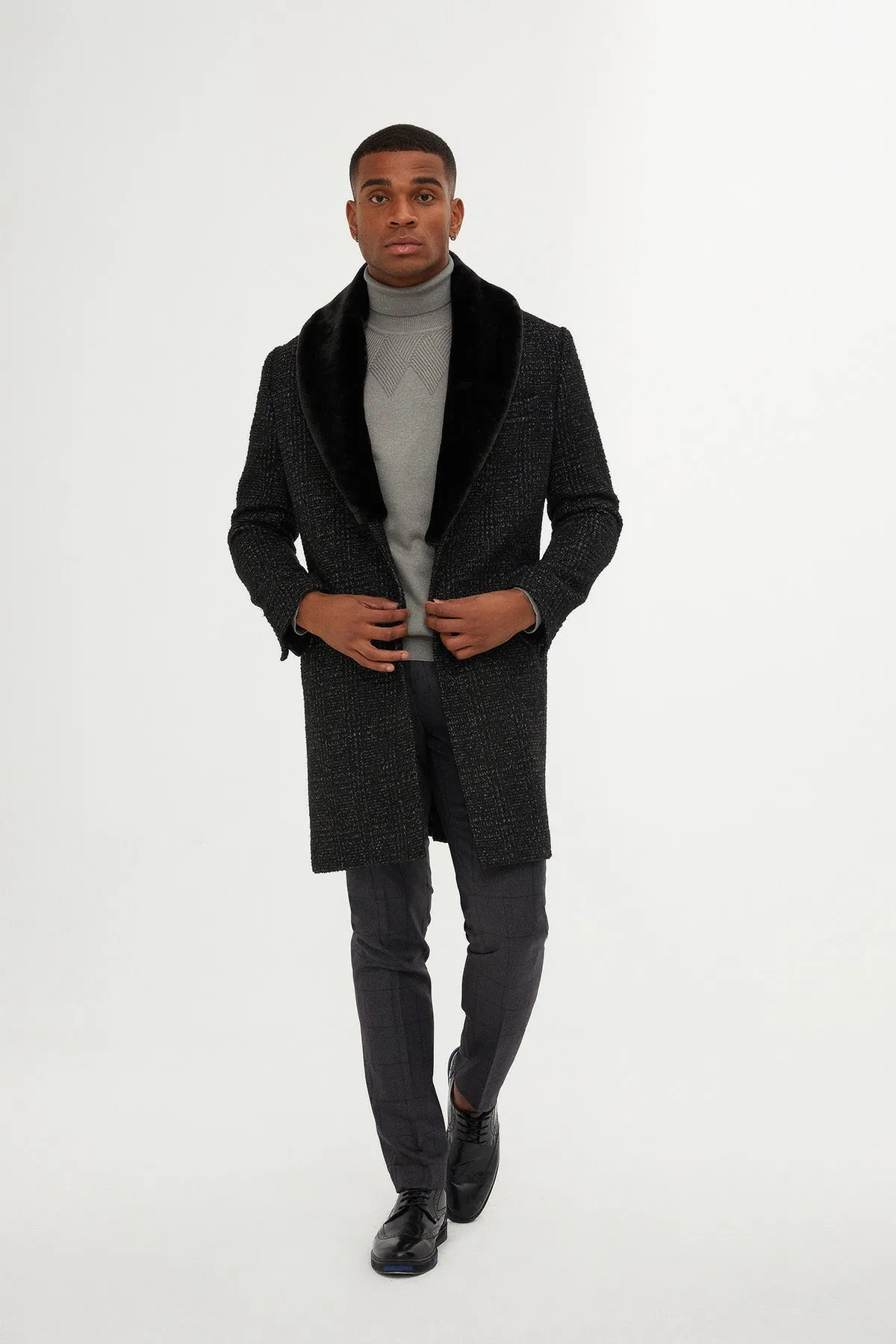 Slim Fit Cachet Shawl Collar Black Wool Blend Overcoat