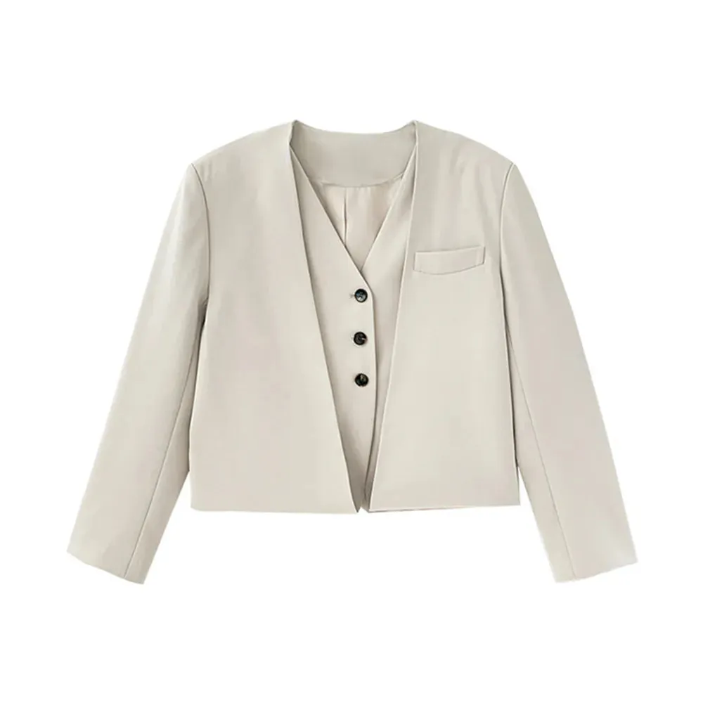 Solid Casual Patchwork Button Blazers For Women V Neck Long Sleeve Spliced Pockets Minimalist Blazer Female