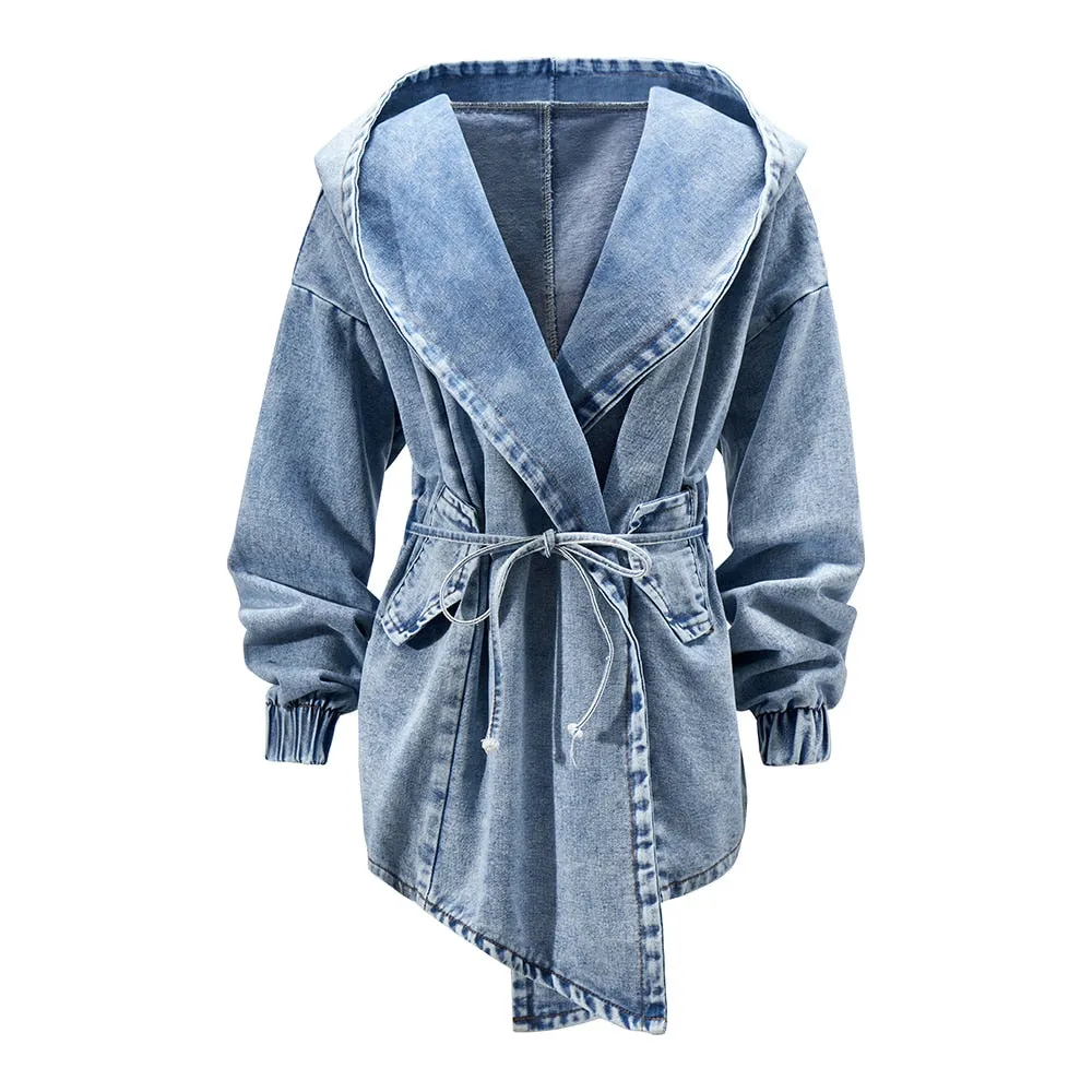 Solid Hooded Trench For Women Long Sleeve High Waist Spliced Lace Up Slim Ruched Denim Coats Female Fashion Style