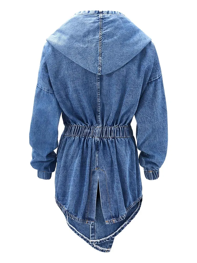 Solid Hooded Trench For Women Long Sleeve High Waist Spliced Lace Up Slim Ruched Denim Coats Female Fashion Style