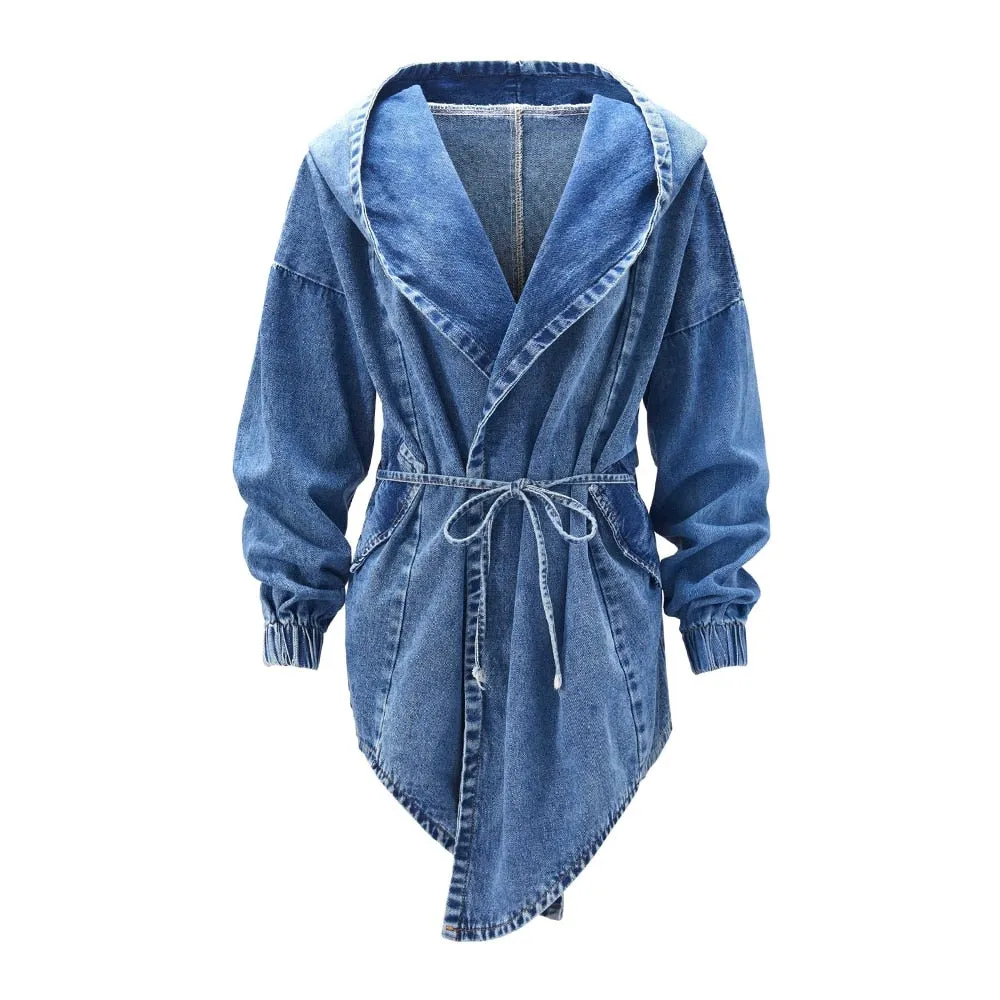 Solid Hooded Trench For Women Long Sleeve High Waist Spliced Lace Up Slim Ruched Denim Coats Female Fashion Style