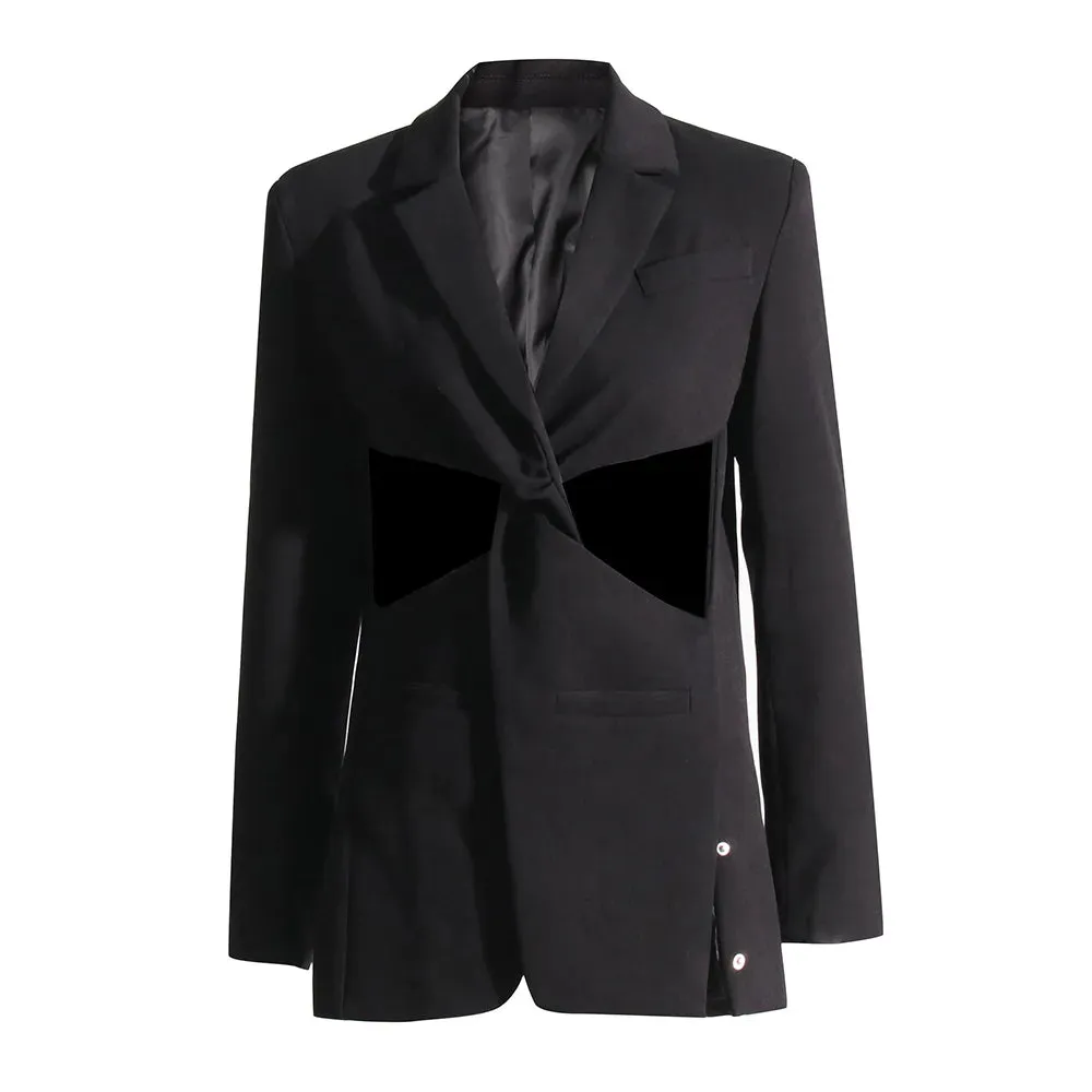 Solid Minimalsit Blazers For Women Notched Collar Long Sleeve Hollow Out Sexy Blazer Female Fashion Style Clothing