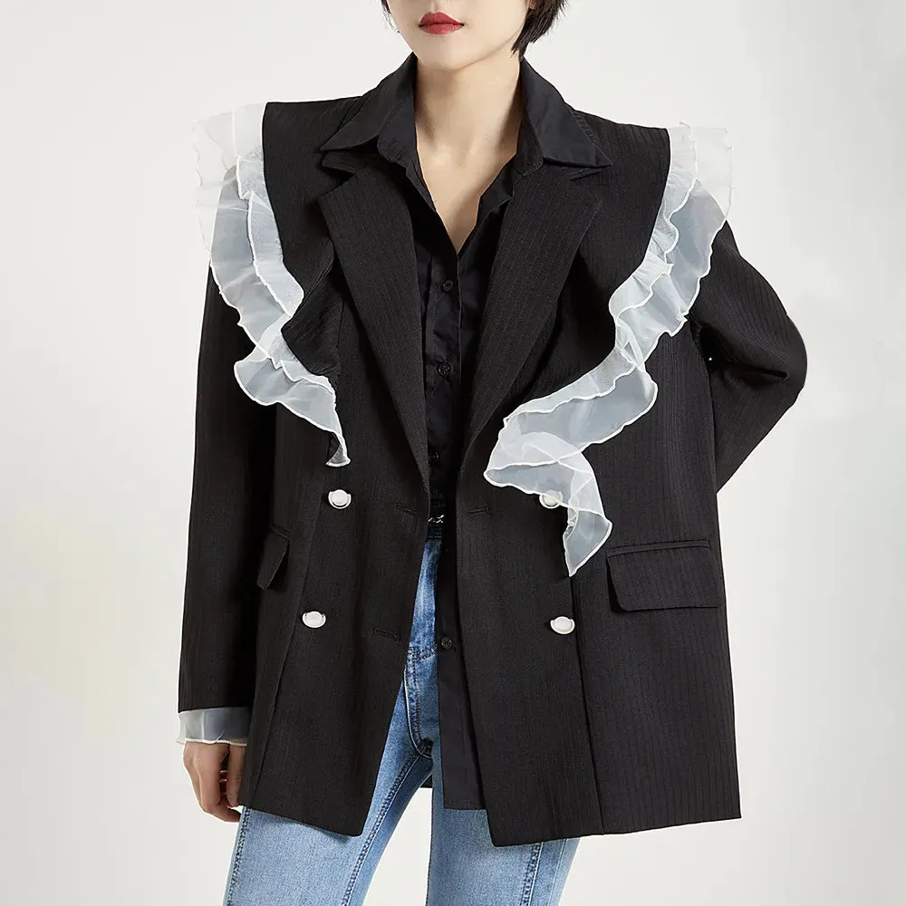 Solid Patchwork Ruffle Casual Blazers For Women Notched Collar Long Sleeves Patchwork Button Loose Blazer Female